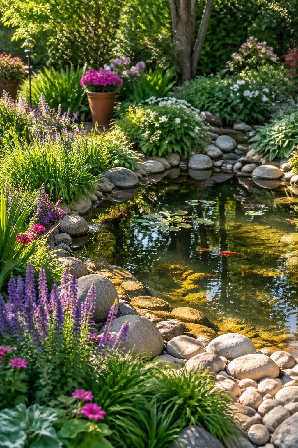 A small backyard pond surrounded by colorful flowering plants and green foliage in a garden setting.