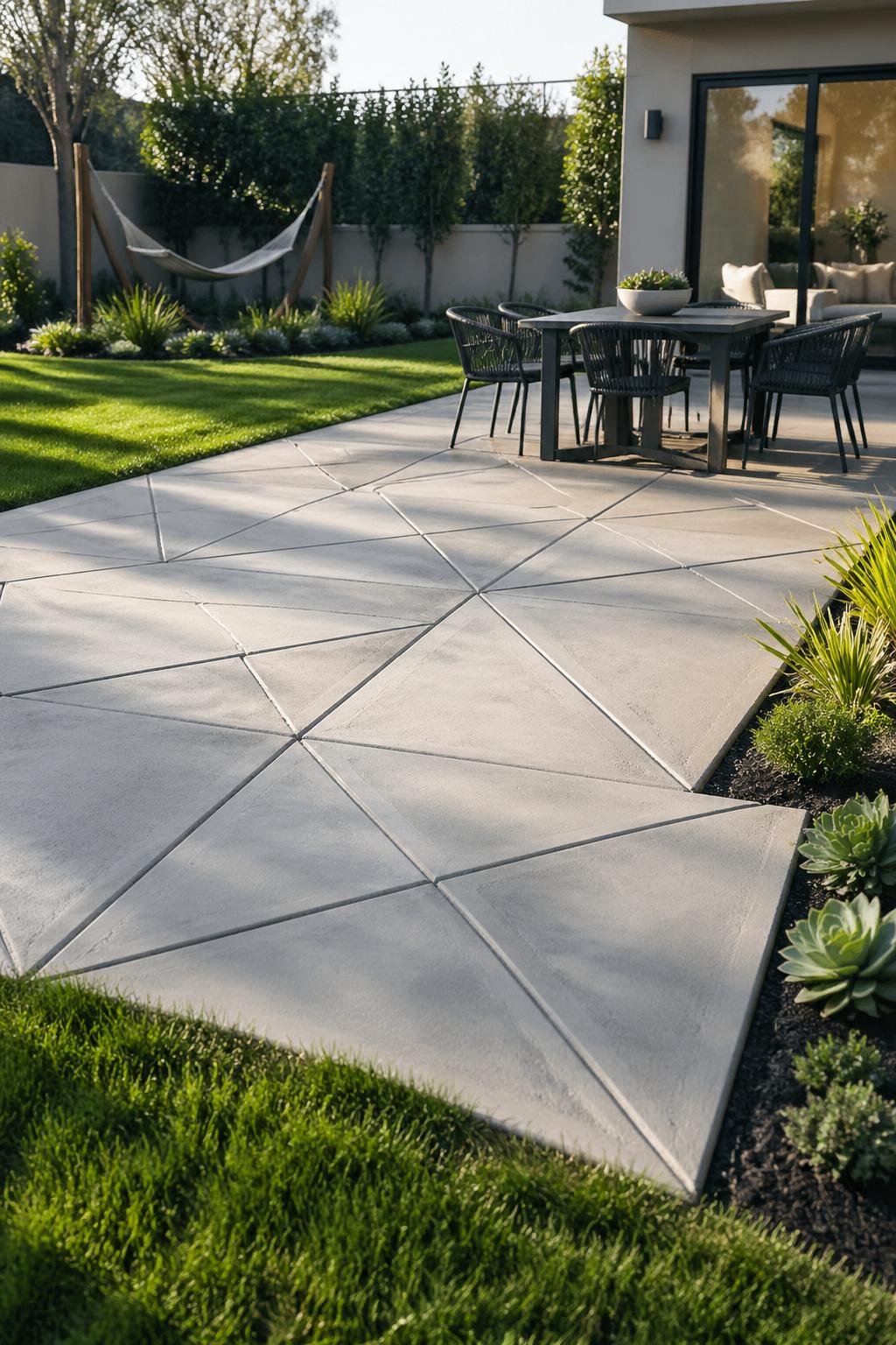 Backyard patio with geometric patterned concrete slabs, green grass, and garden plants under natural daylight.