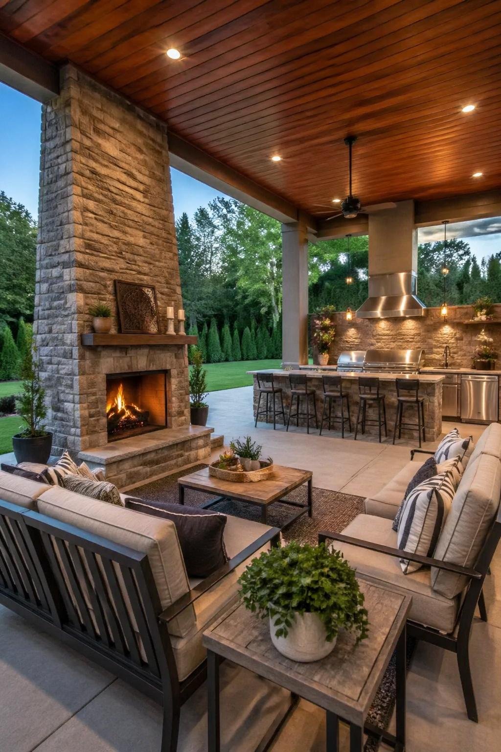 Covered cement patio with an outdoor kitchen and a stone fireplace in a backyard setting.