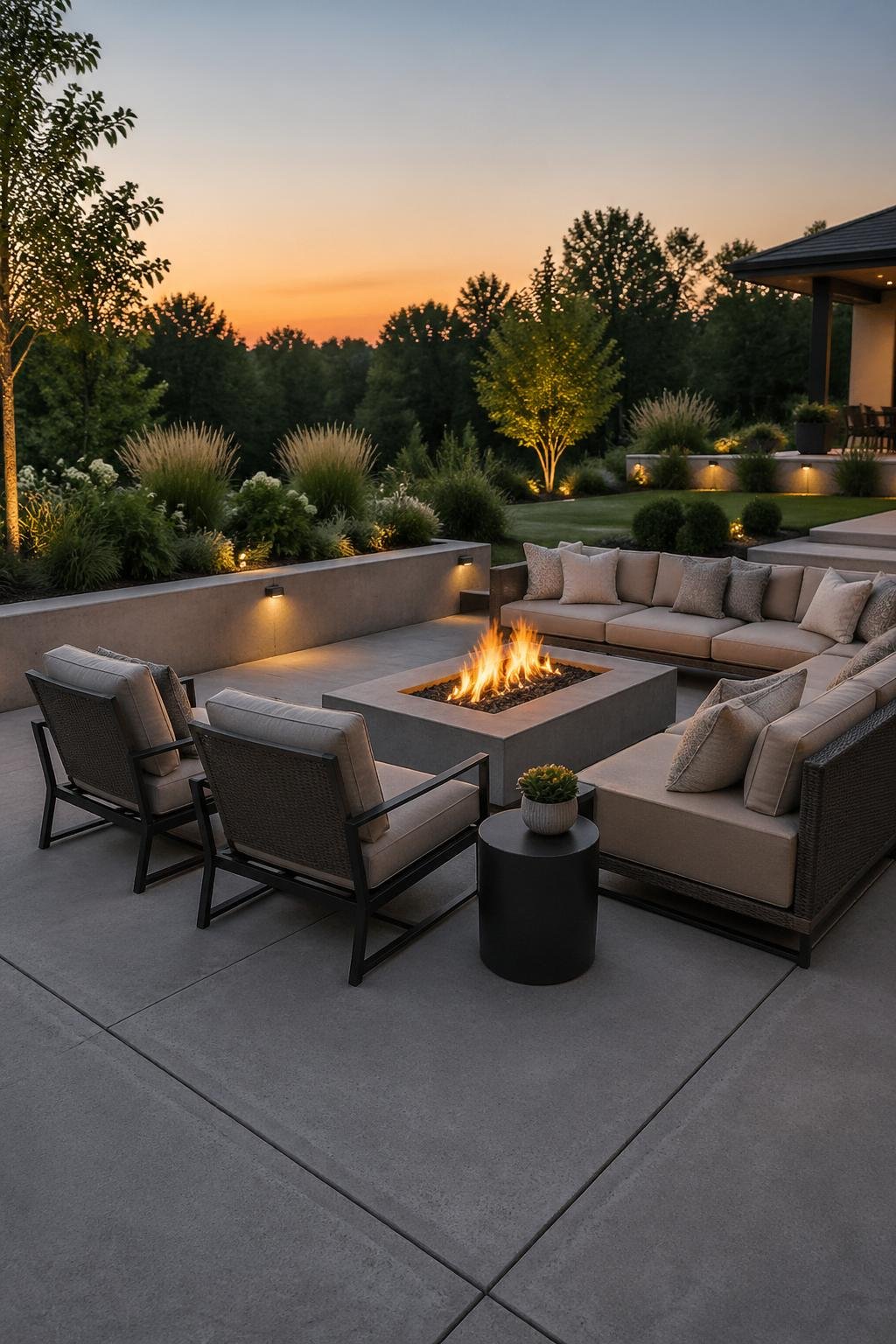 A backyard concrete patio with a built-in fire pit surrounded by outdoor seating and green plants.