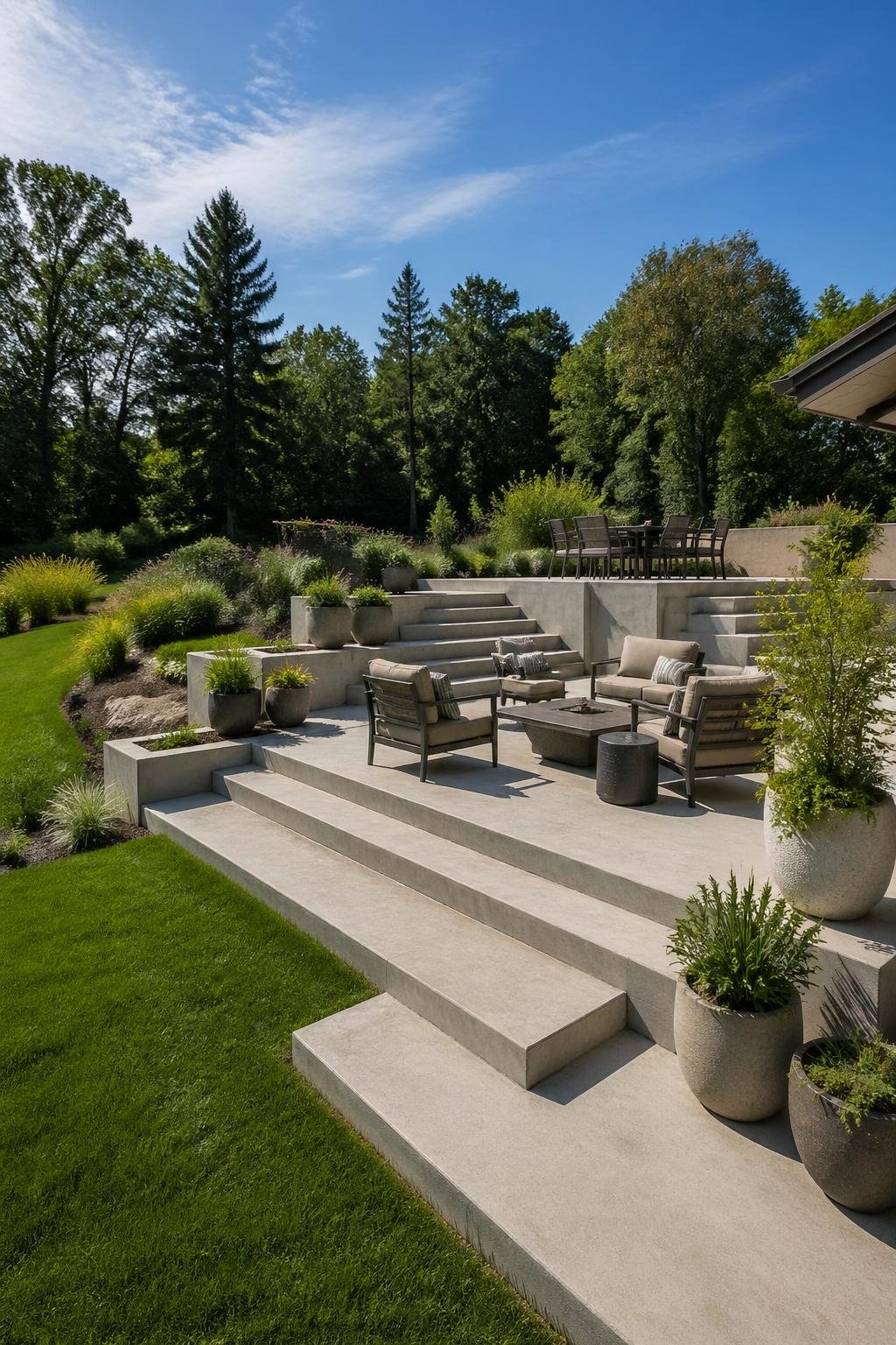 A backyard with a multi-level concrete terrace patio, outdoor furniture, green grass, and trees under a clear sky.