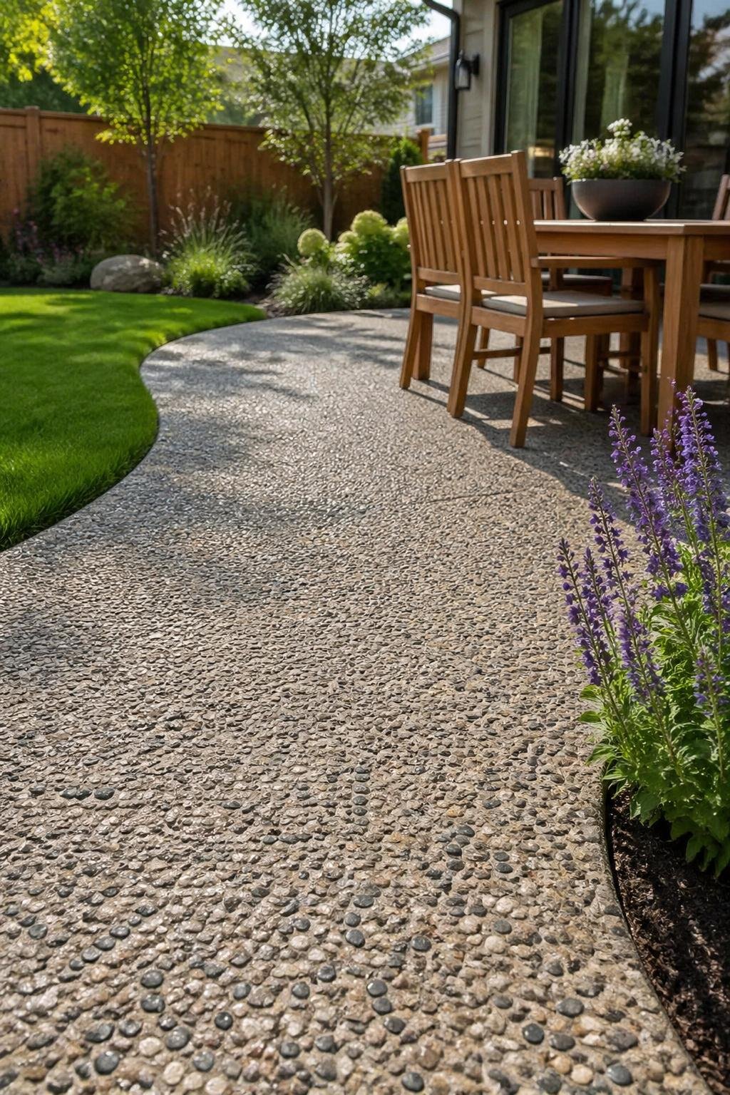 Backyard with an exposed aggregate concrete patio surrounded by plants and outdoor furniture.