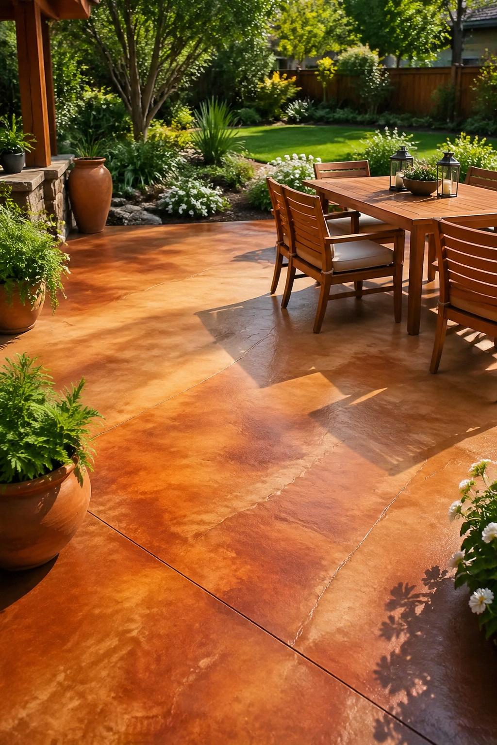 A backyard with a colored concrete patio in earth-tone stains surrounded by green plants and outdoor furniture.
