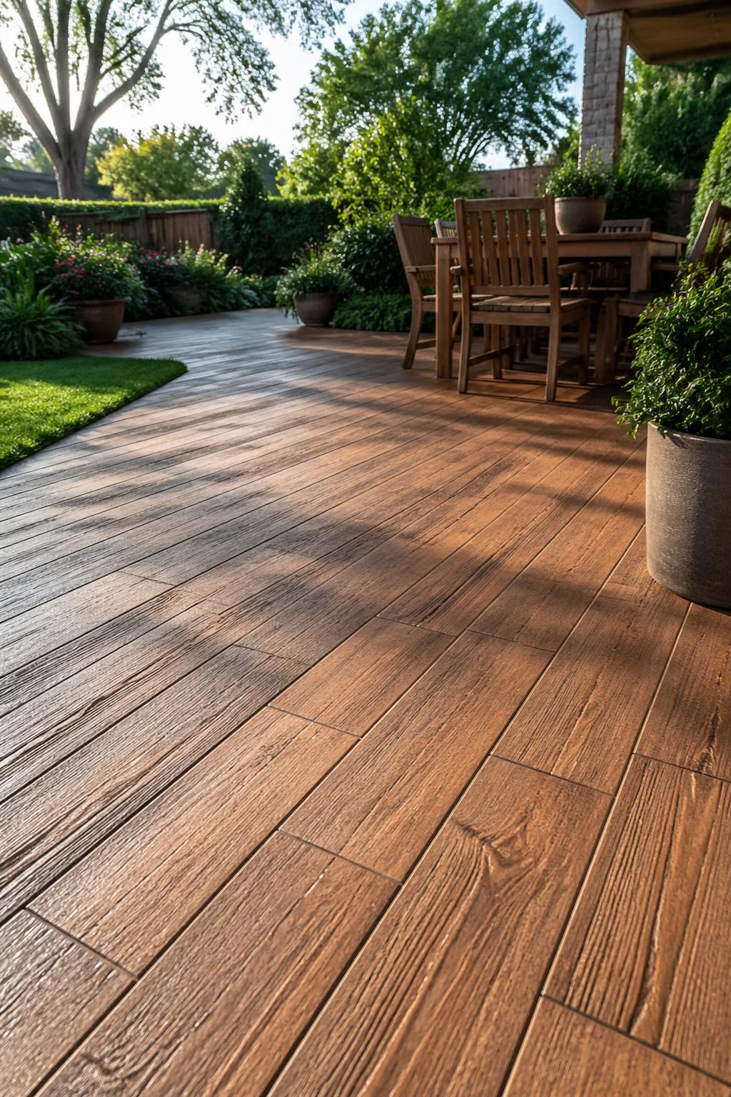 Backyard patio with a wood-plank patterned concrete floor surrounded by green grass and garden plants, featuring outdoor furniture and natural sunlight.