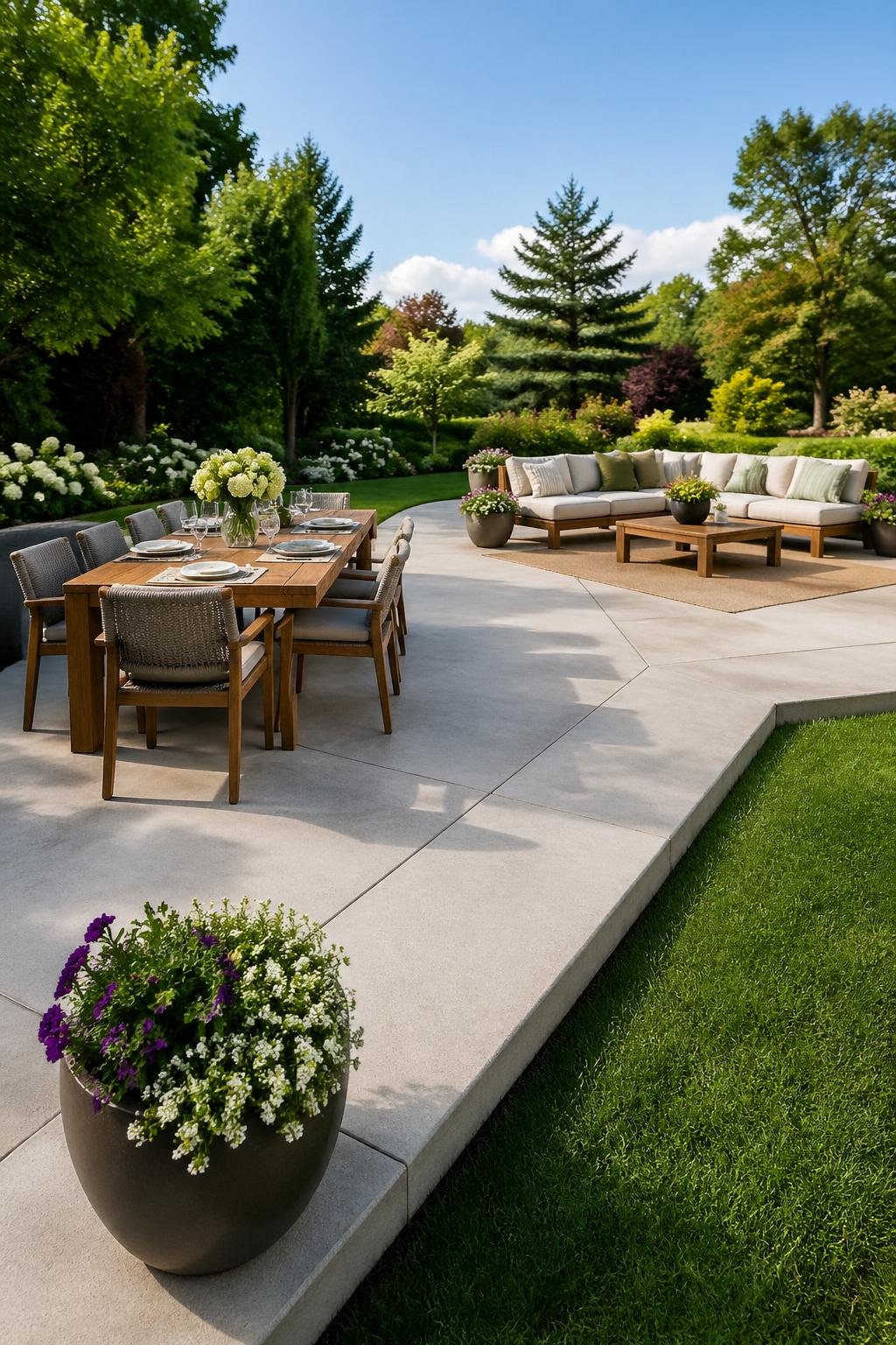 An L-shaped concrete patio in a backyard with a dining table and chairs on one side and cushioned seating on the other, surrounded by plants and greenery.