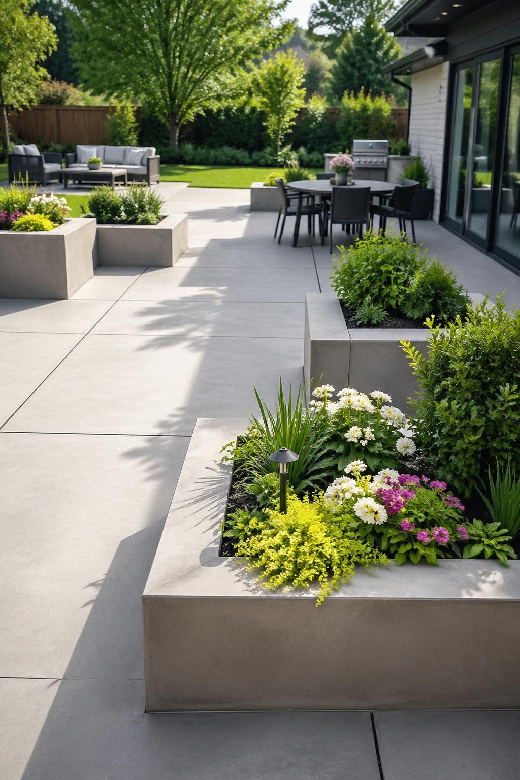 A backyard with a concrete patio that has built-in planter borders filled with green plants and flowers.