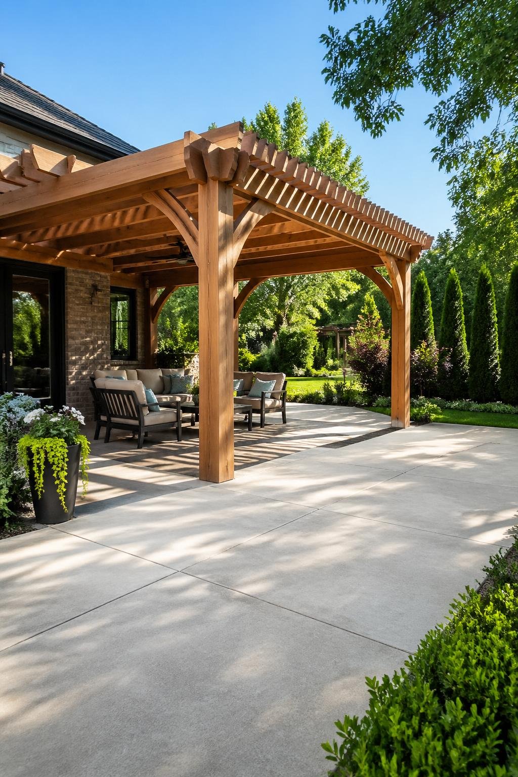 Backyard with a pergola-covered concrete patio and extended concrete slabs surrounded by green plants.