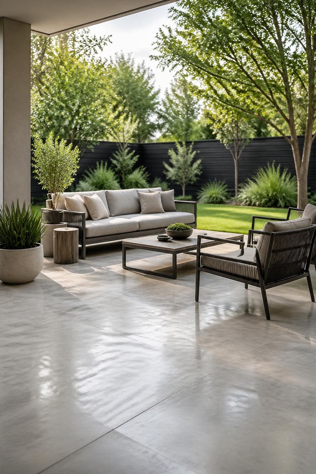 A polished concrete patio with modern outdoor furniture and green grass in the background.