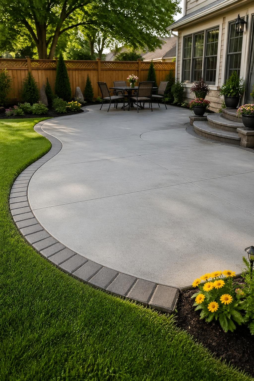 A curved concrete patio with decorative border edging surrounded by grass, plants, and trees in a backyard.