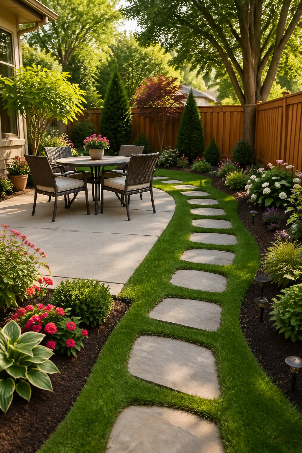 A compact backyard with a cement patio connected by stepping stones, surrounded by grass, flowers, and a wooden fence.
