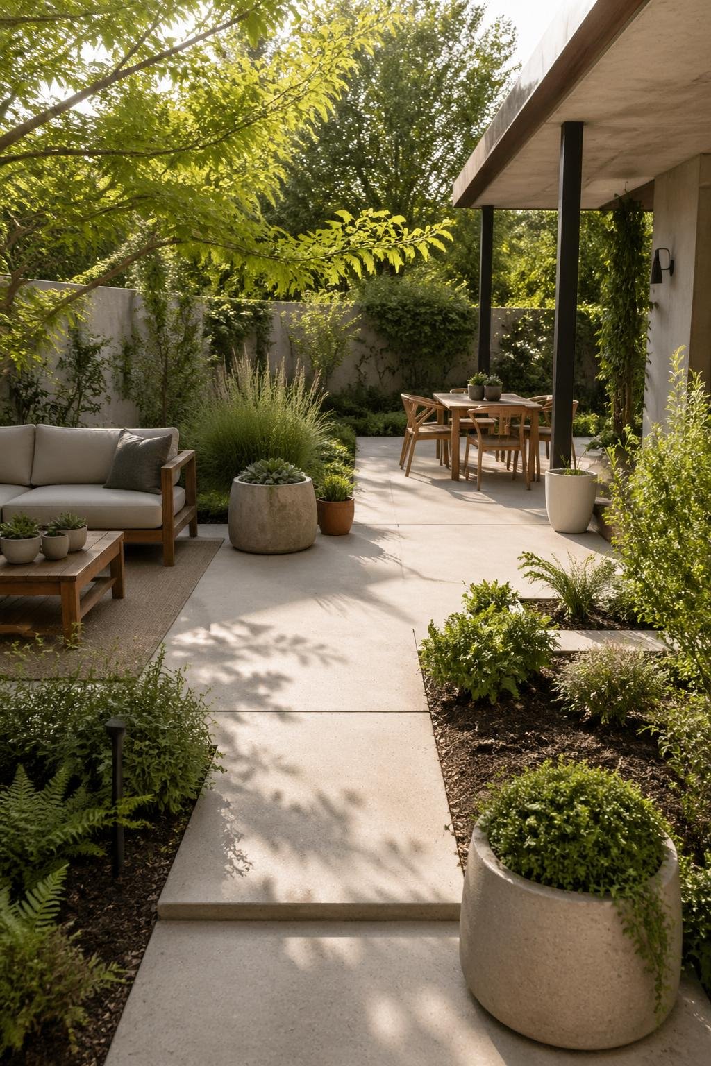 A backyard patio made of cement surrounded by green plants and outdoor furniture.