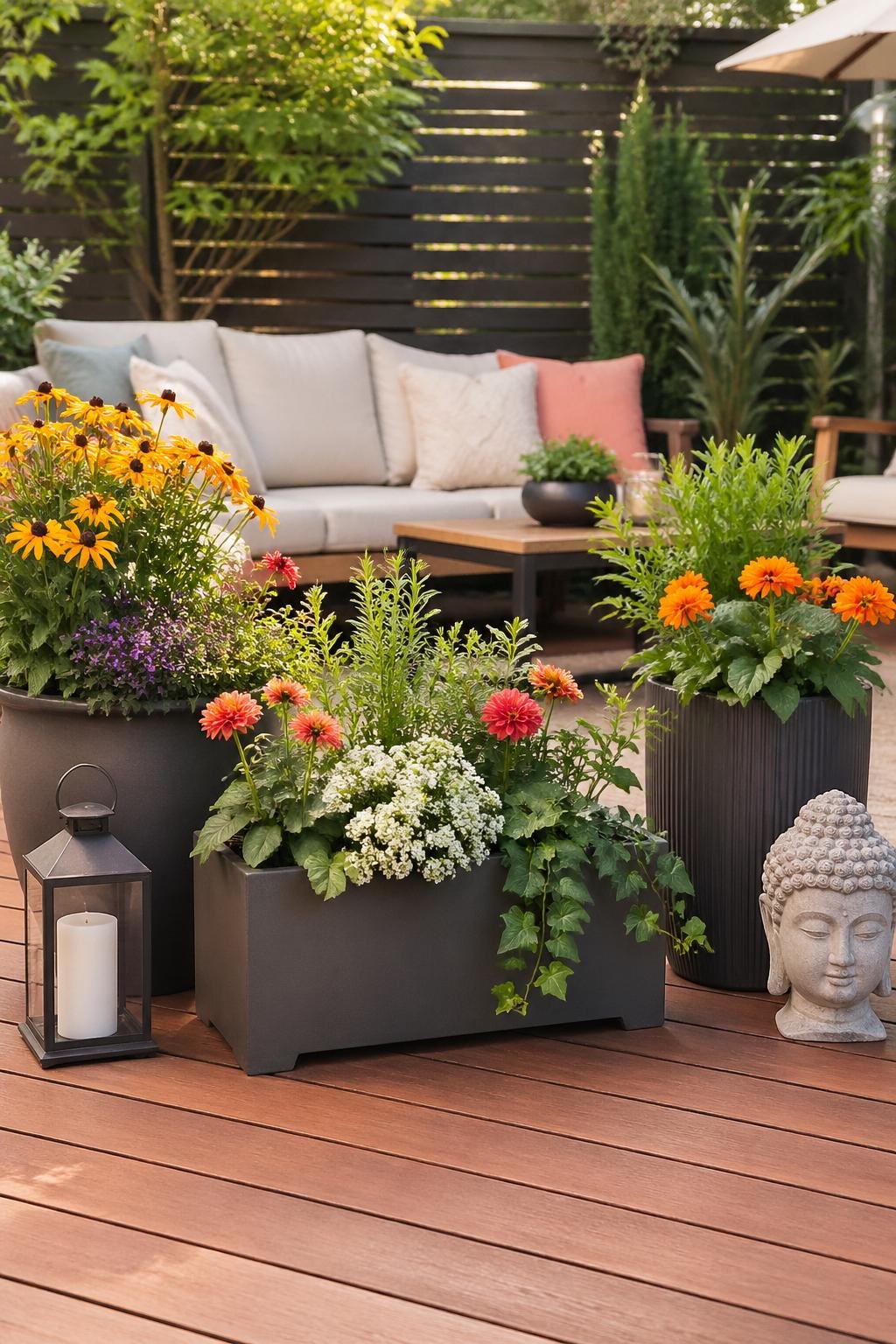 A backyard with colorful plants growing in lightweight resin planters arranged on a wooden deck near outdoor seating.