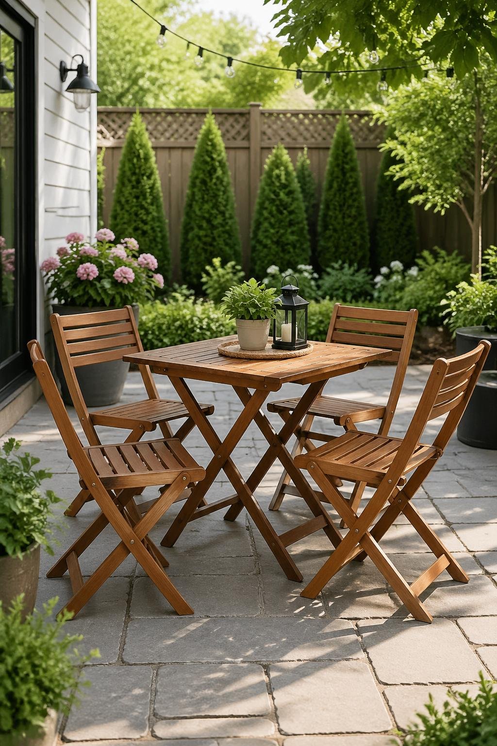 A backyard with foldable wooden bistro furniture arranged on a stone patio surrounded by green plants and garden elements.