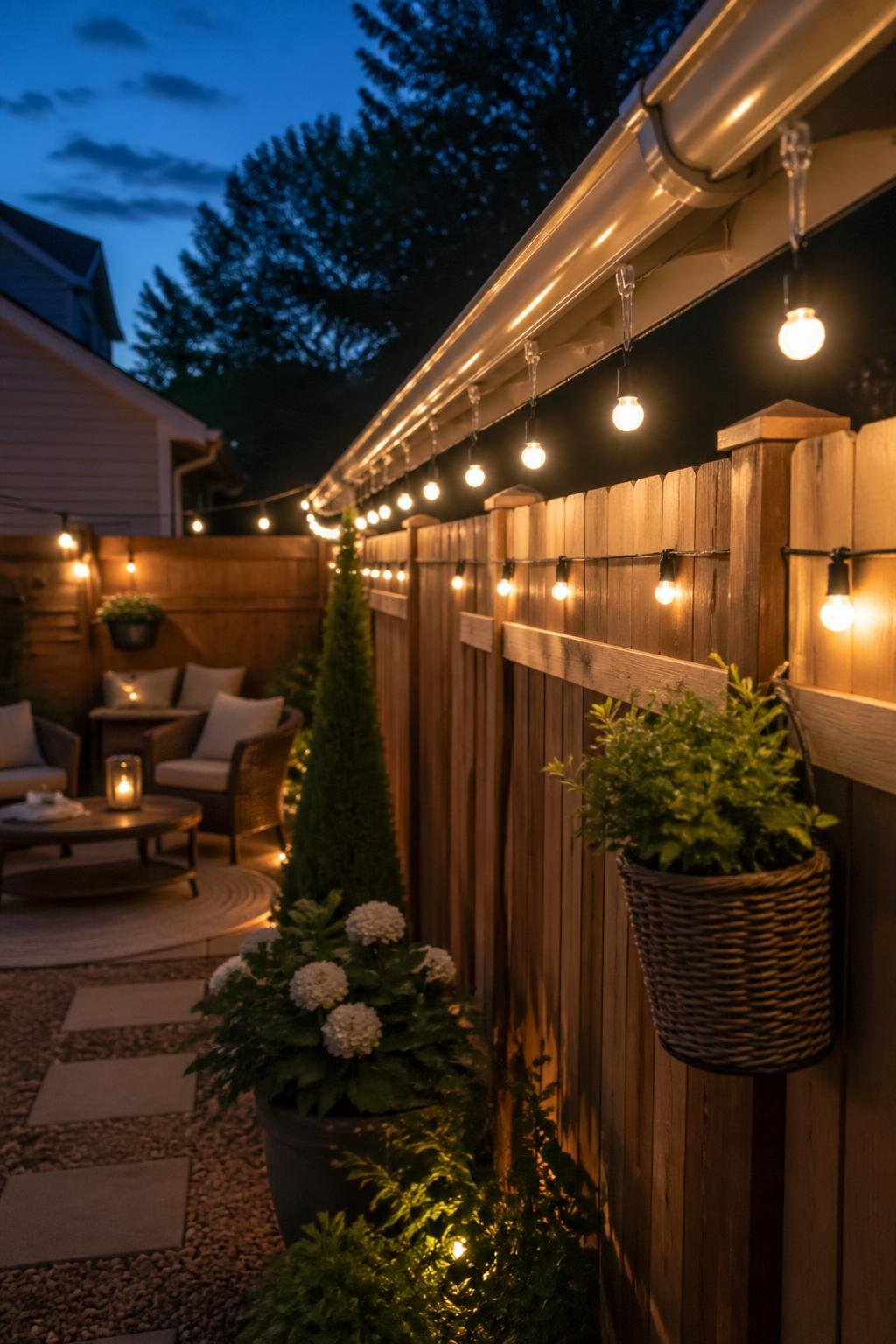 Warm white solar string lights hung along a backyard fence and gutter with clips, illuminating a cozy garden area with plants and outdoor seating.