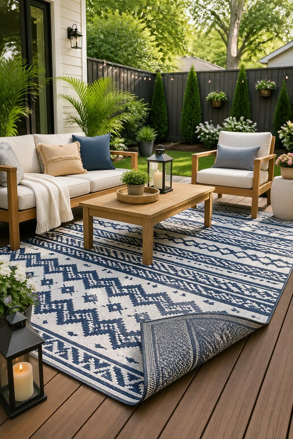 Backyard patio with a reversible outdoor rug on a wooden deck, outdoor seating, plants, and a fence in the background.