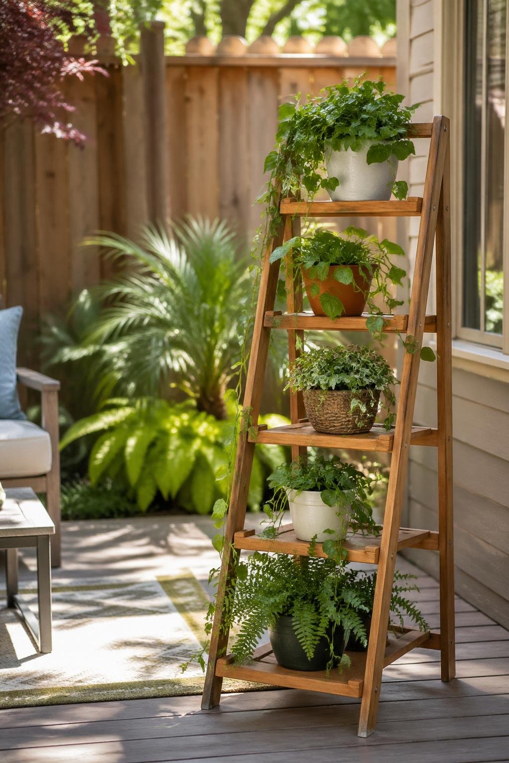 Backyard with a freestanding ladder plant stand holding vertical greenery and various plants around.