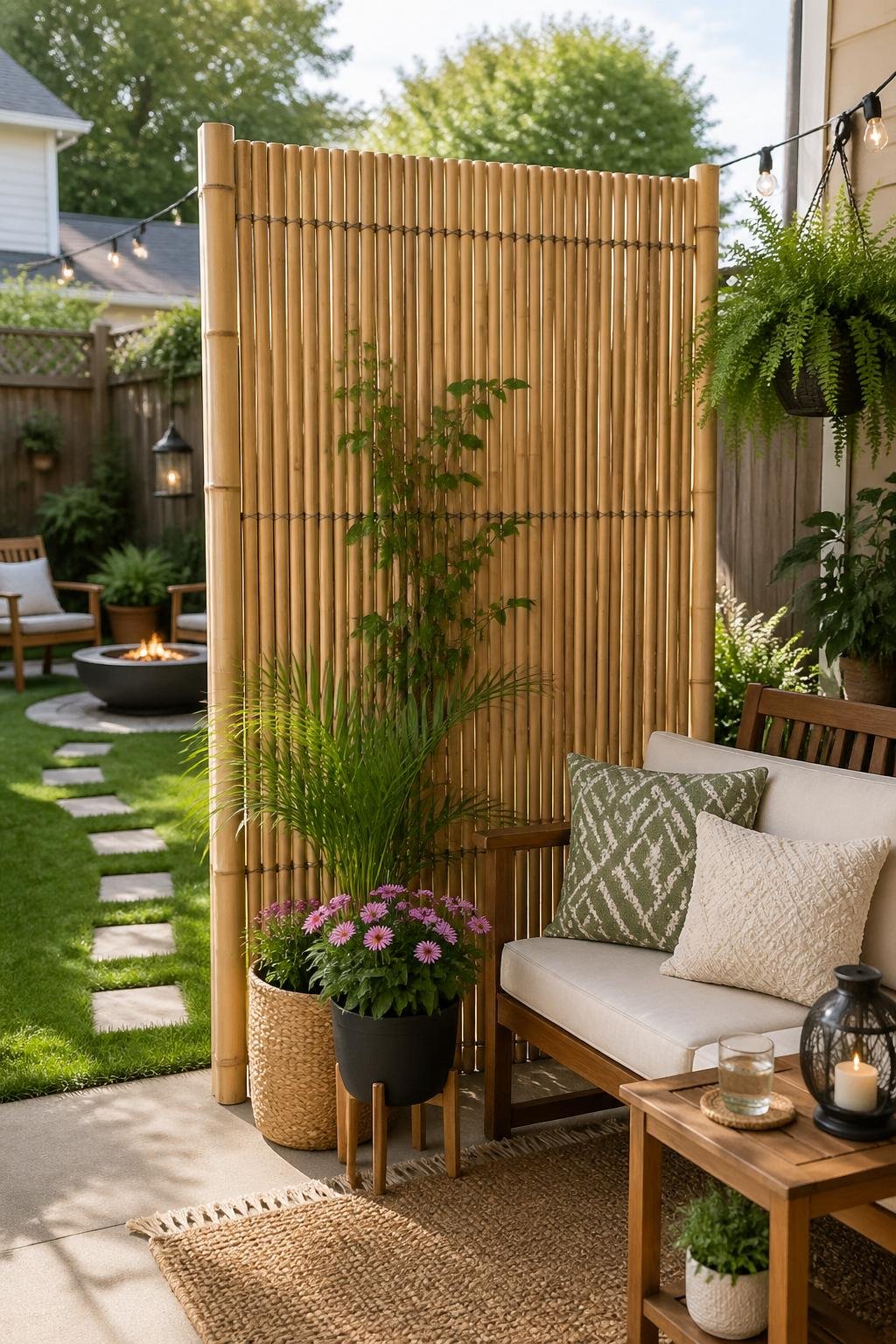 A backyard with a freestanding bamboo privacy screen surrounded by plants and outdoor furniture.