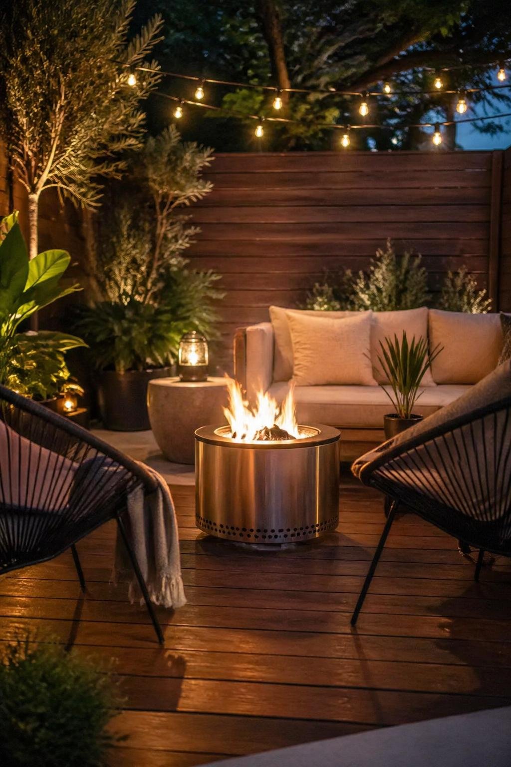 A backyard with a portable fire pit surrounded by outdoor seating, plants, and string lights in the evening.