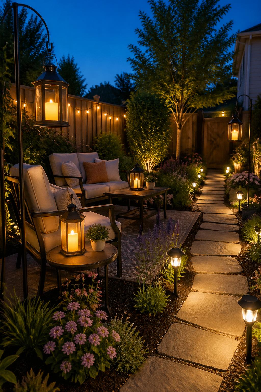 A backyard at dusk illuminated by battery lanterns and solar path lights along a stone walkway, with outdoor seating and plants surrounding the area.