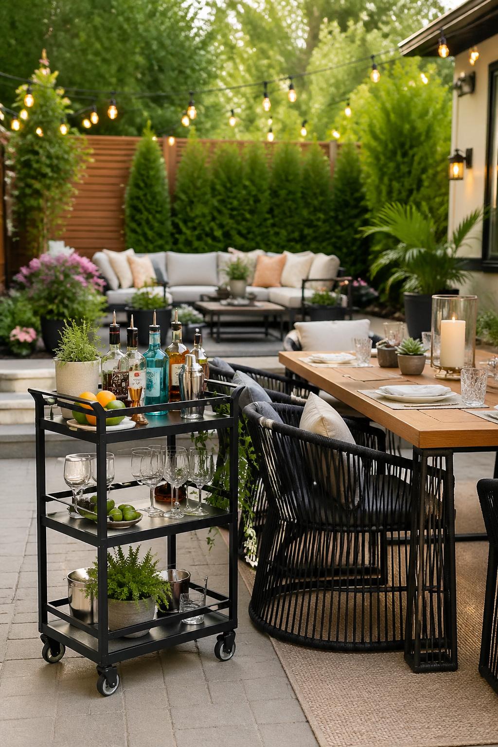 A backyard dining area with a rolling bar cart next to a dining table surrounded by chairs and greenery.
