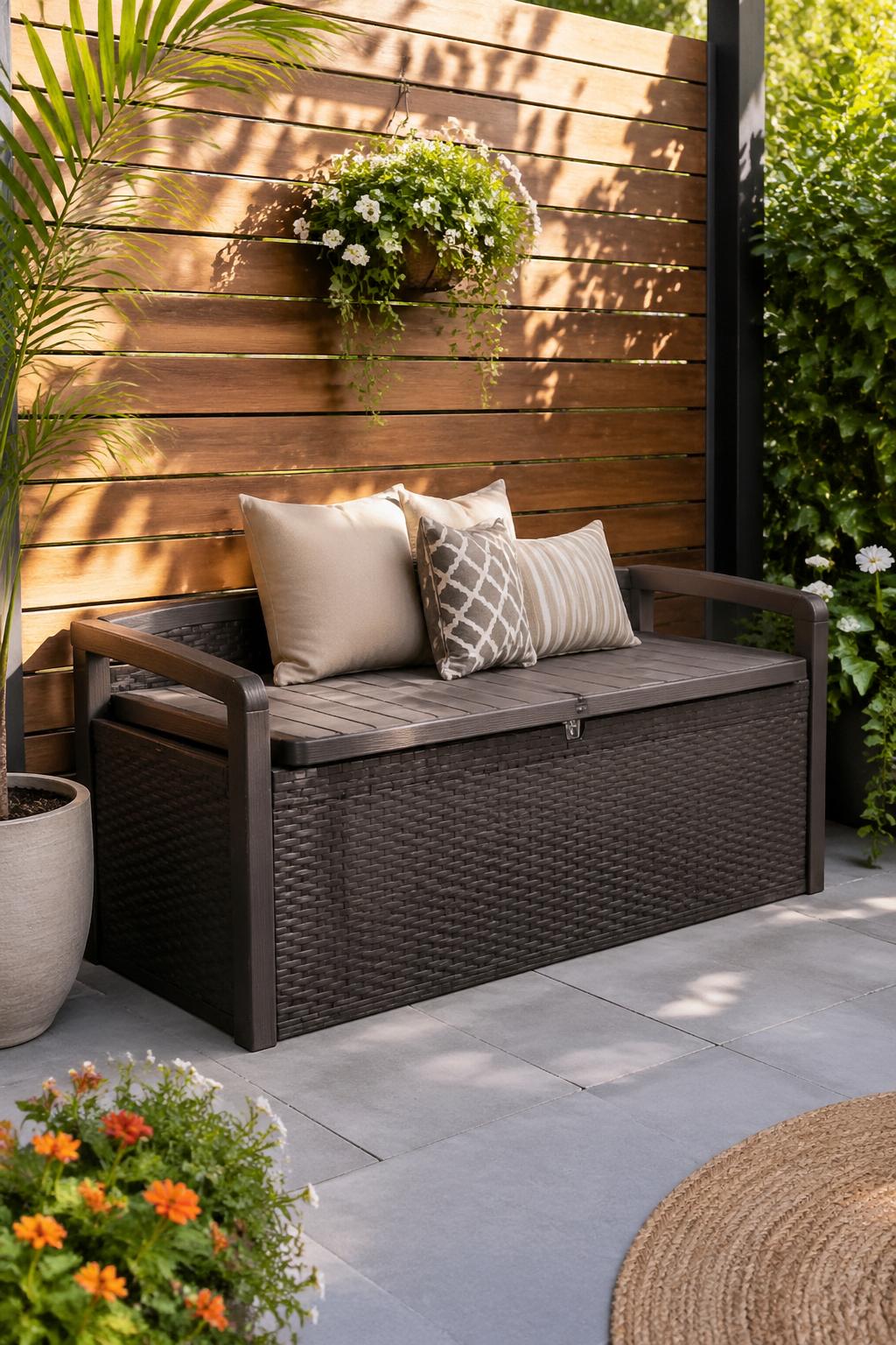 A backyard with a weather-resistant storage bench surrounded by plants and flowers.