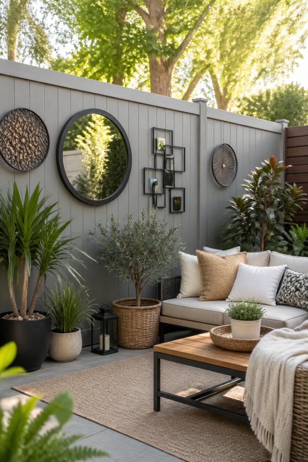 A backyard with fences decorated by removable wall art and mirrors, surrounded by plants and outdoor seating.