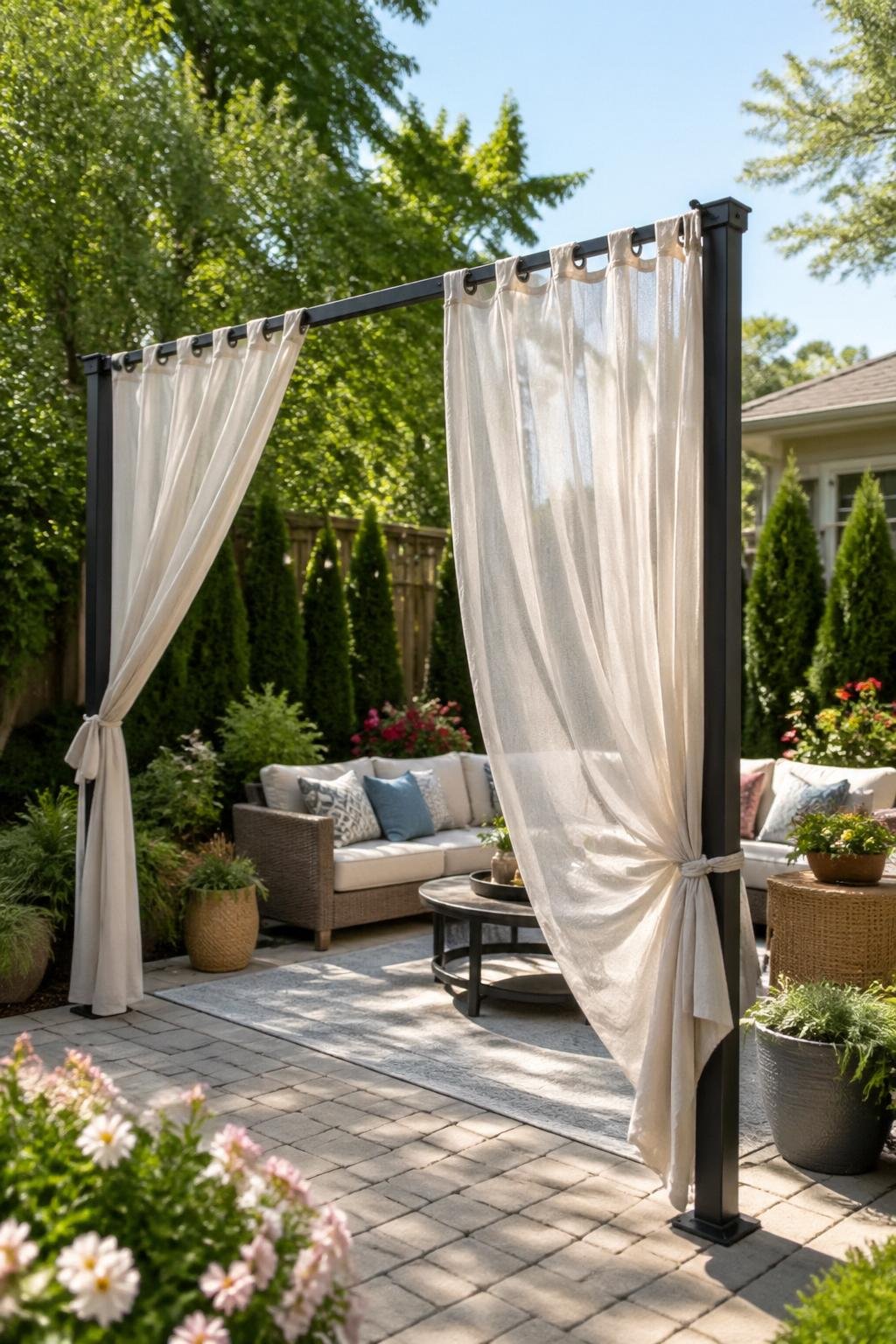 A backyard with a portable steel frame holding light outdoor curtains, surrounded by plants and patio furniture.