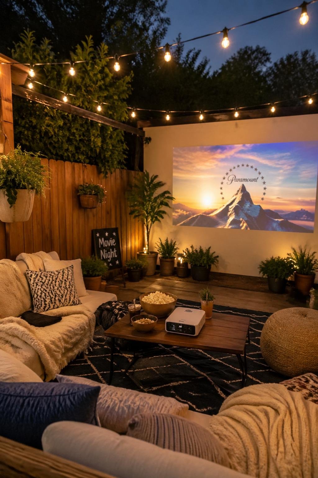 A small backyard set up for a movie night with a mini projector displaying a movie on a screen, surrounded by seating, string lights, and plants.