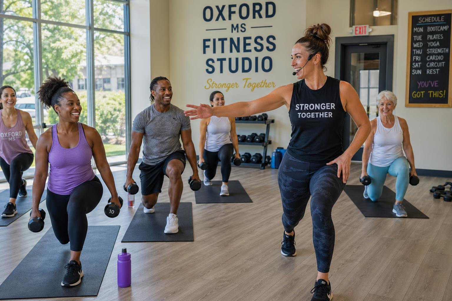 A diverse group of people participating in a fitness class led by an instructor in a bright, modern studio.