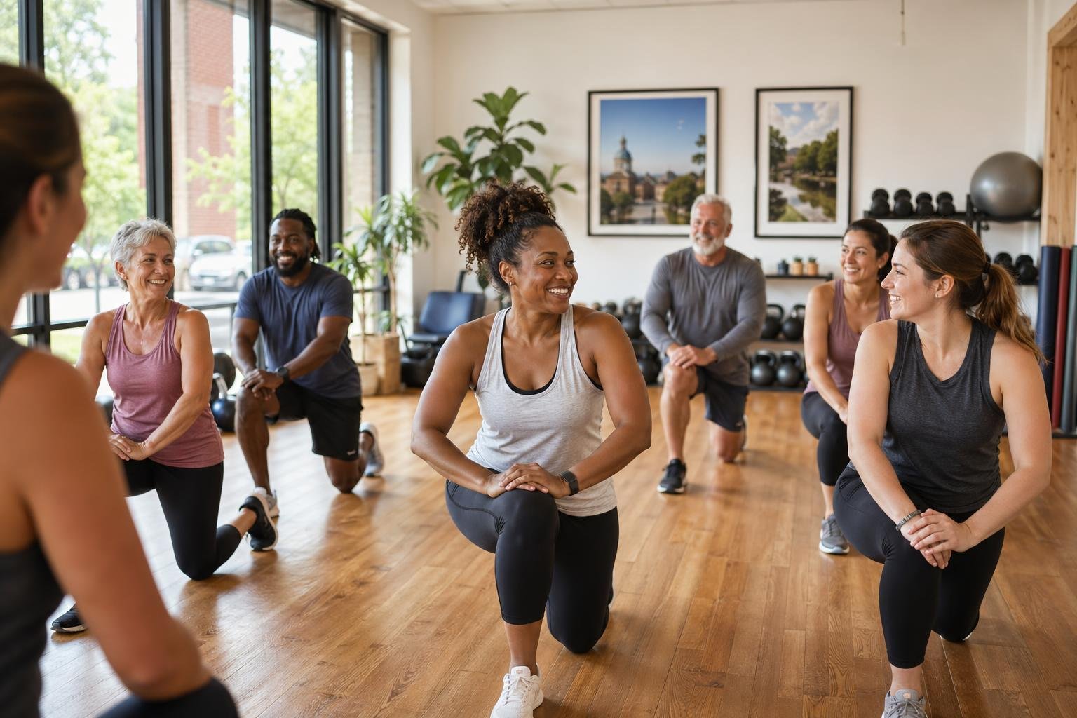 A diverse group of people exercising together in a bright, modern fitness studio with large windows and wooden floors.