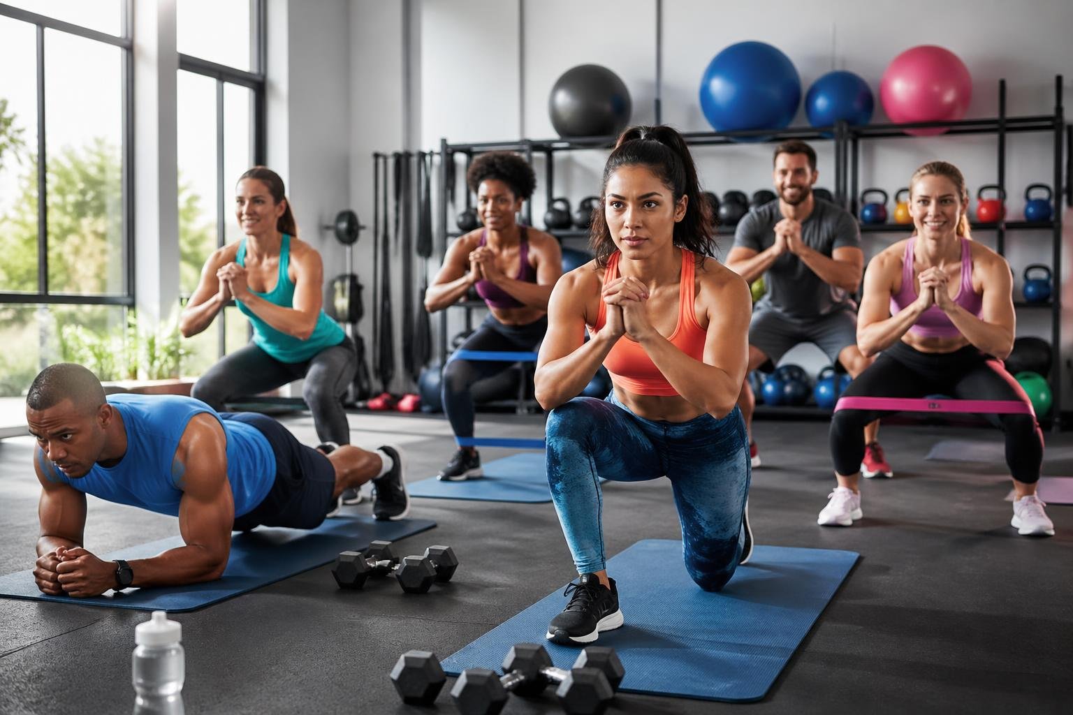 Mehrere Menschen trainieren gemeinsam Übungen für Bauch, Beine und Po in einem hellen Fitnessstudio.
