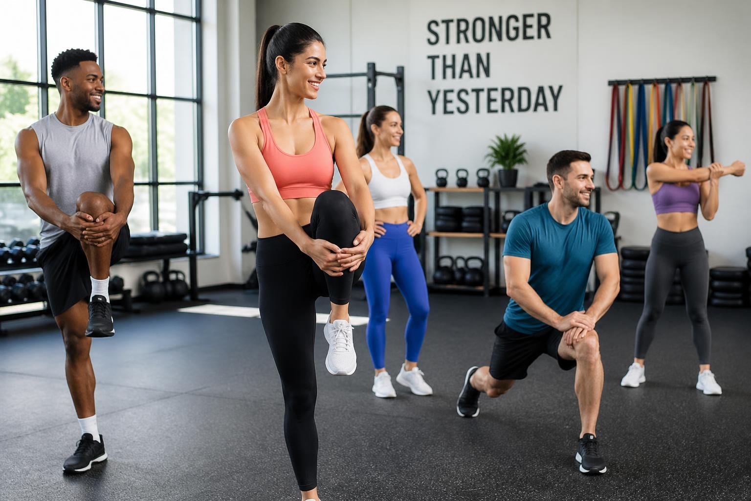 Mehrere Personen machen Aufwärmübungen in einem hellen Fitnessstudio vor einem Bauch-Beine-Po-Training.