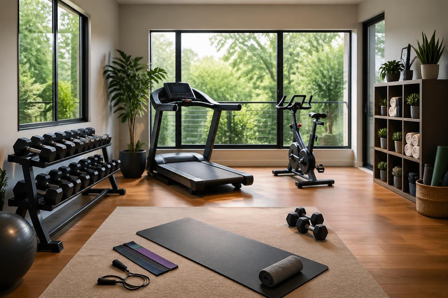 Helles, gut ausgestattetes Home Gym mit Laufband, Hanteln, Yogamatte und Heimtrainer in einem aufgeräumten Raum.