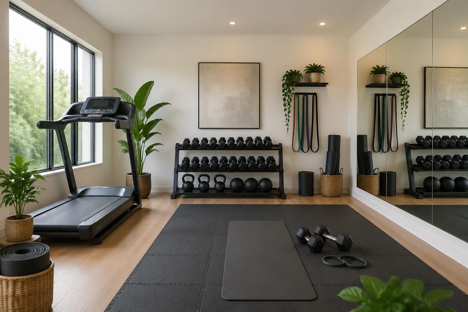 Ein gut organisierter Heimfitnessraum mit Trainingsgeräten, rutschfesten Matten und ausreichend Platz für sicheres Training.