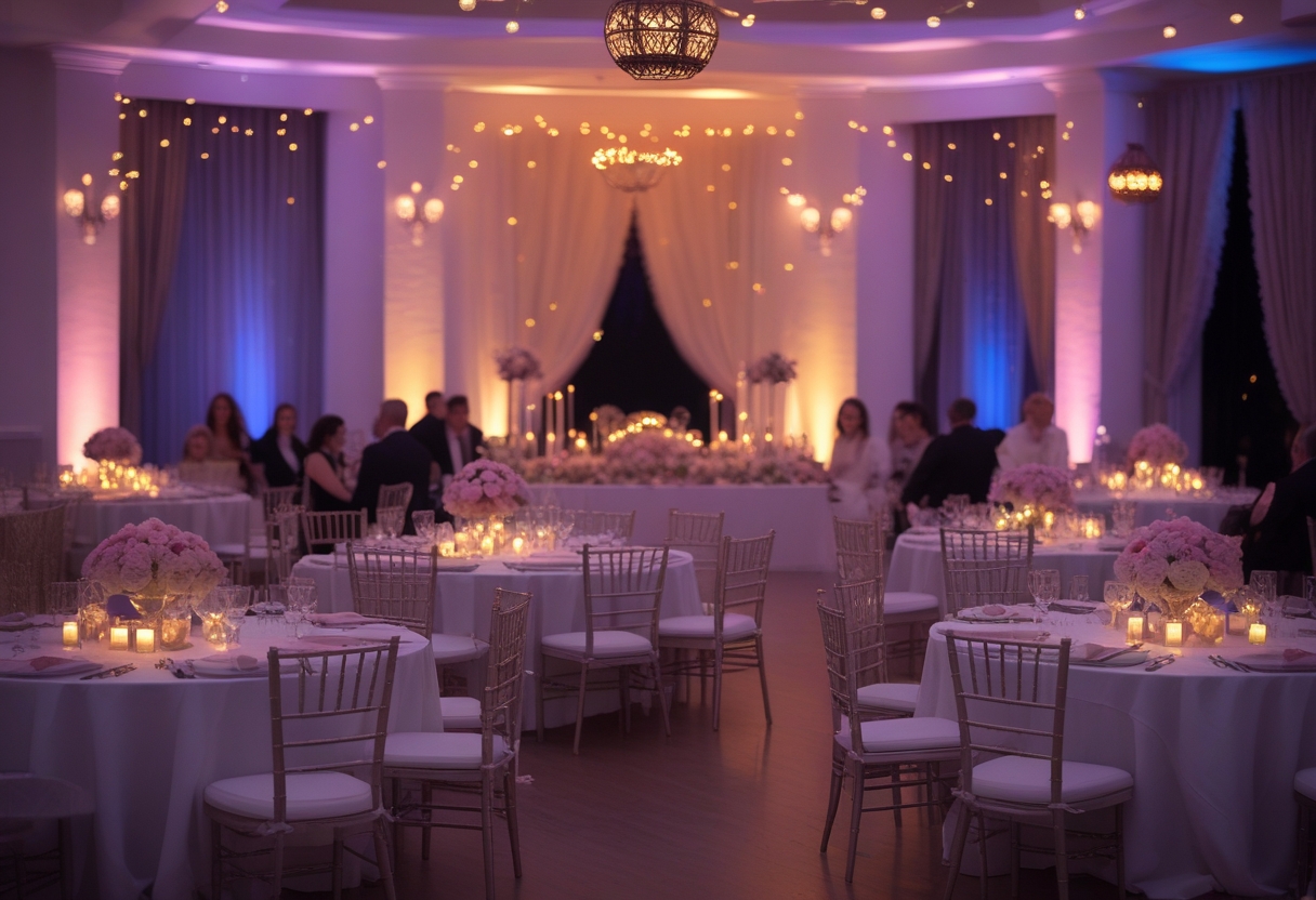 A wedding reception venue with round tables, floral centerpieces, and warm pink and purple uplighting creating a romantic atmosphere.