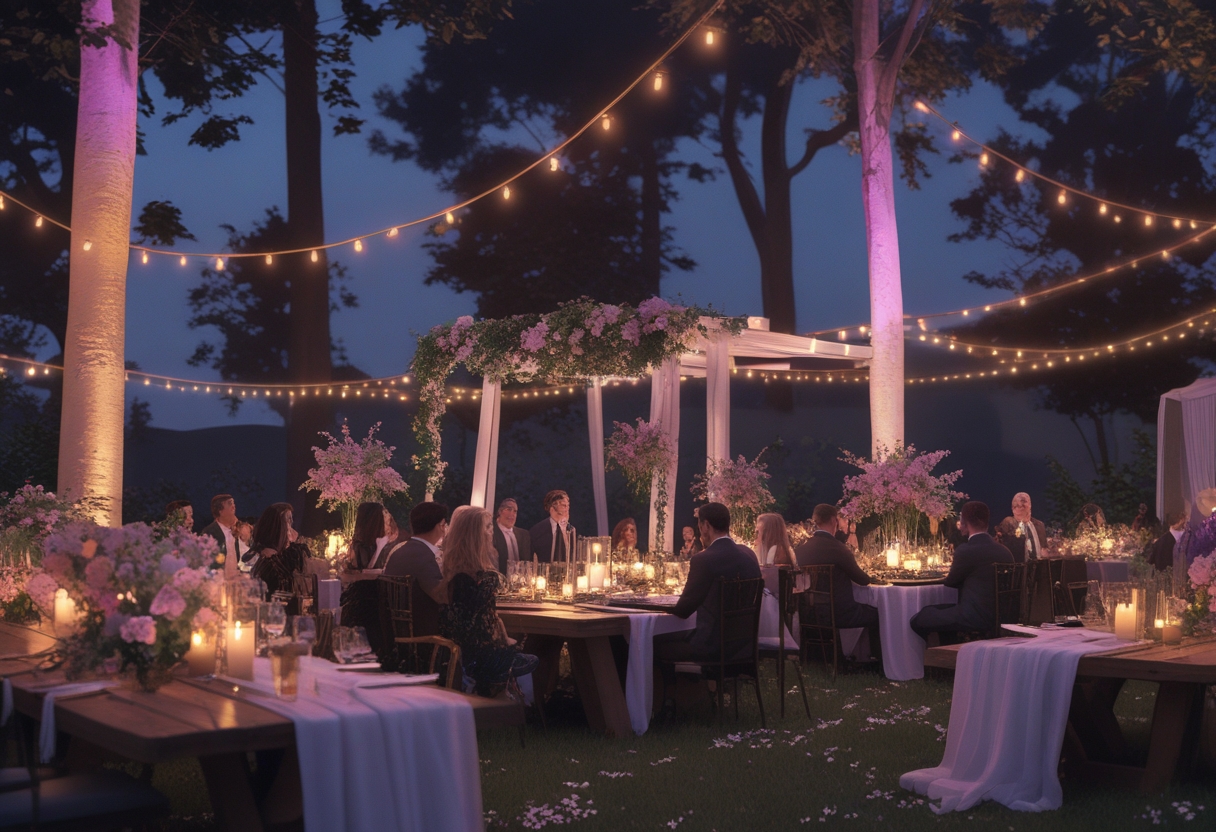 An outdoor wedding reception at night with warm uplighting on trees and decorations, guests seated at tables enjoying the celebration.