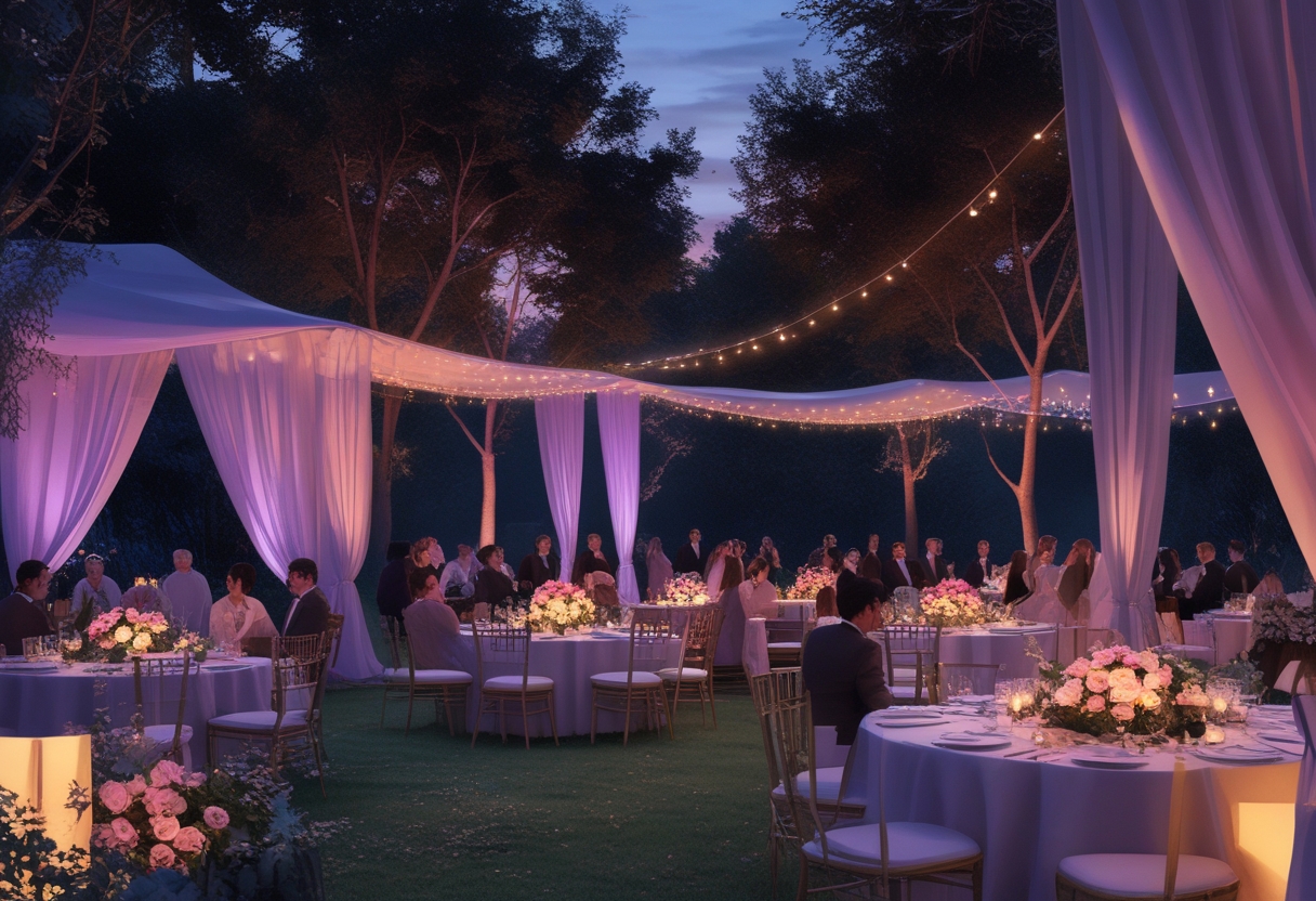 A romantic outdoor wedding reception at twilight with soft pink and purple uplighting illuminating trees and tables decorated with flowers and candles.