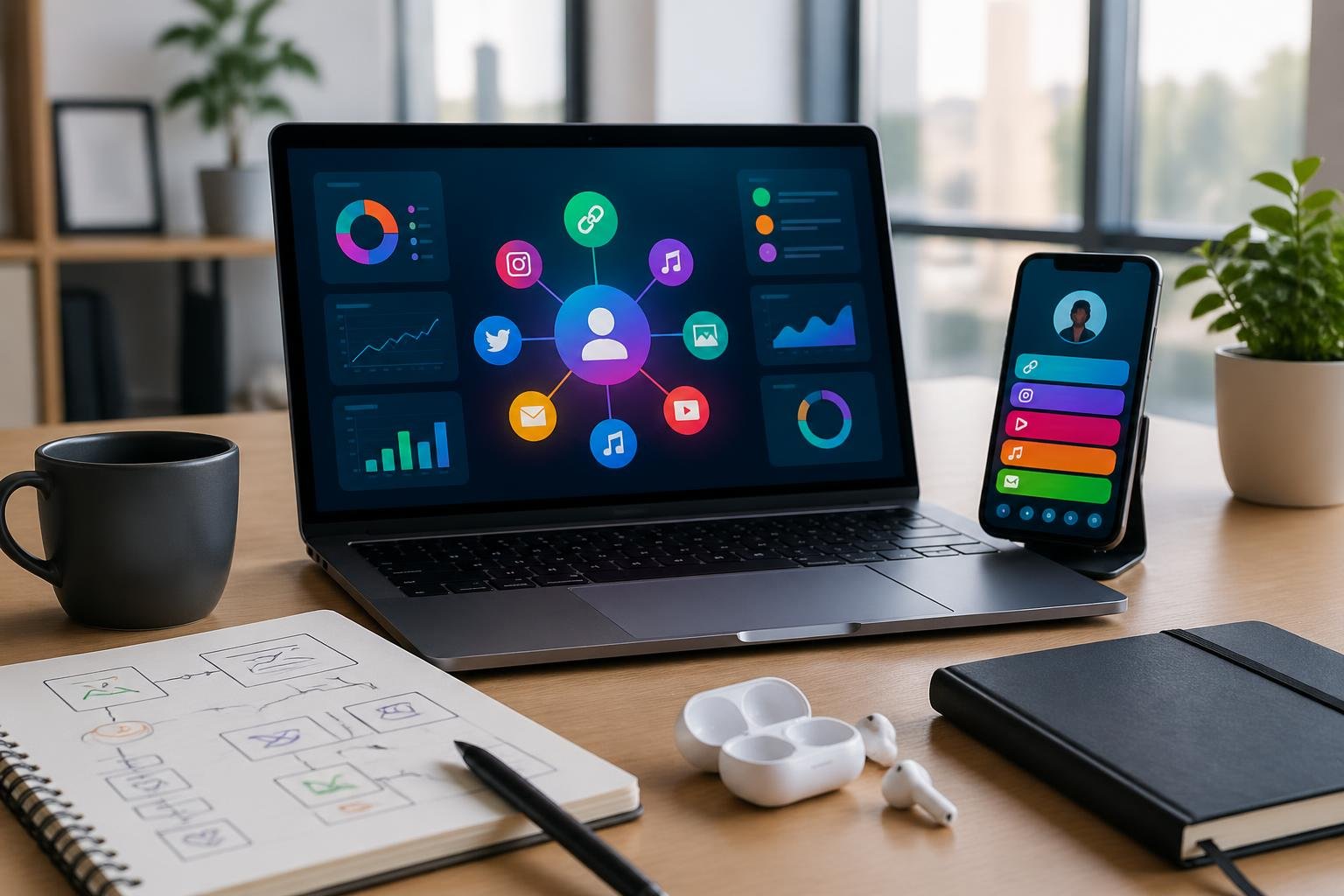 A digital workspace with a laptop showing a colorful dashboard, a smartphone displaying a bio link page, and tech accessories on a bright office desk.