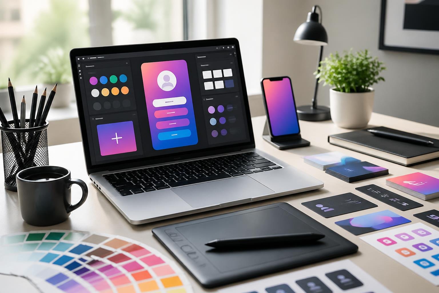 A modern workspace with a laptop showing a colorful customization interface, surrounded by design tools and branding materials on a clean desk.
