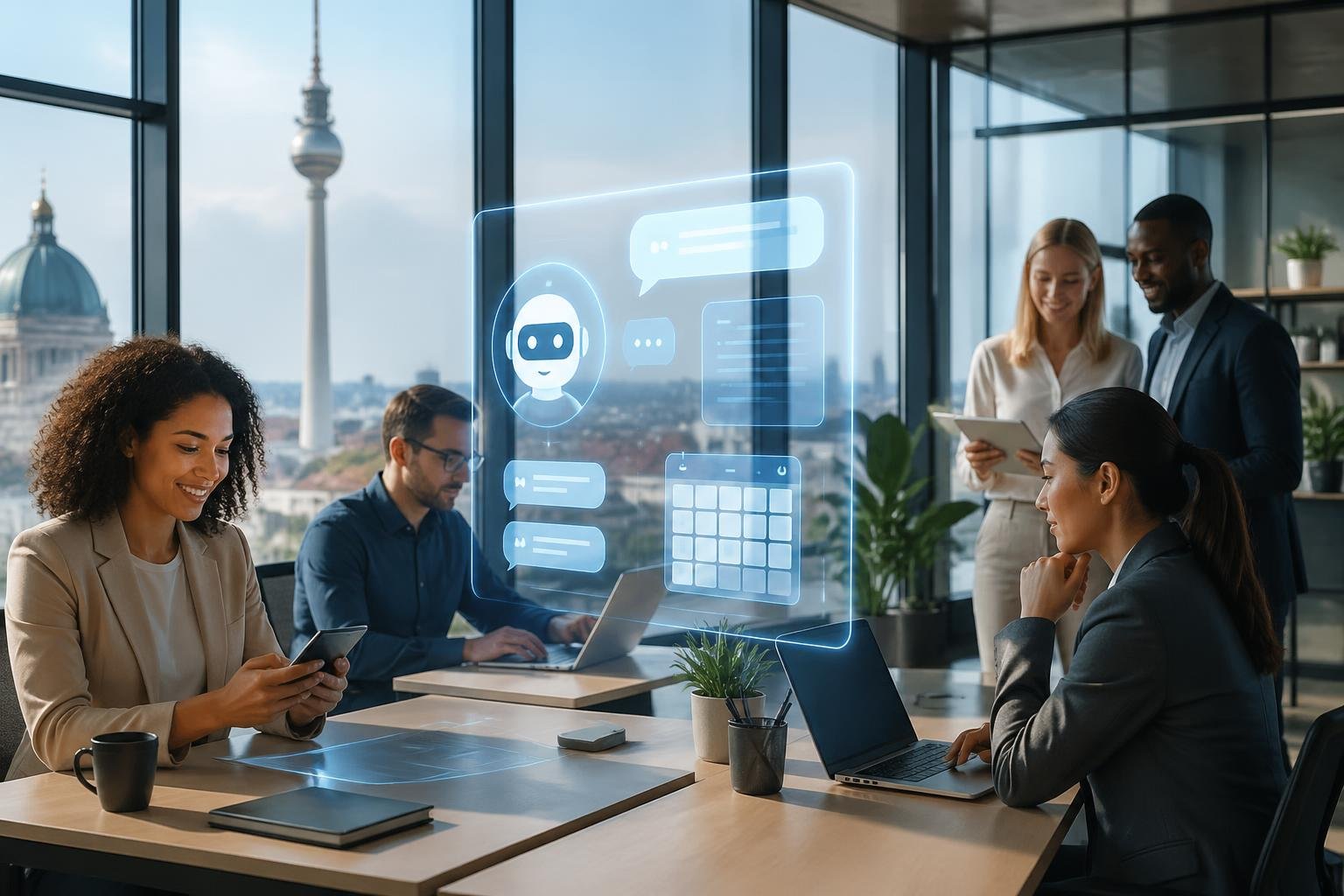 Gesch&auml;ftsleute in einem modernen B&uuml;ro in Berlin, die mit digitalen Ger&auml;ten arbeiten und eine holografische Benutzeroberfl&auml;che f&uuml;r Terminbuchungen und automatische Antworten nutzen.