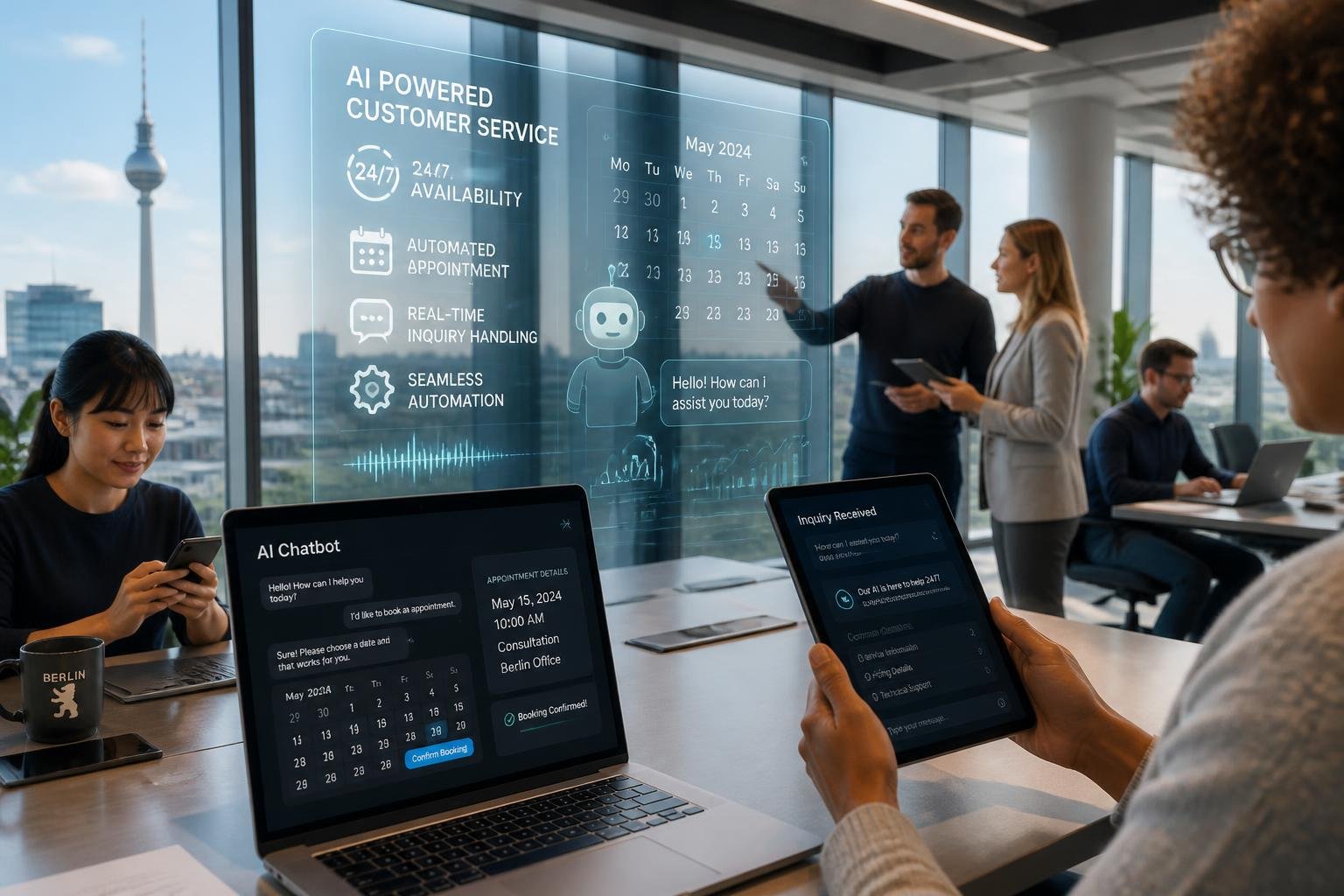 Gesch&auml;ftsleute in einem modernen B&uuml;ro nutzen digitale Ger&auml;te, um automatische Terminbuchung und Anfragen in Echtzeit zu bearbeiten.
