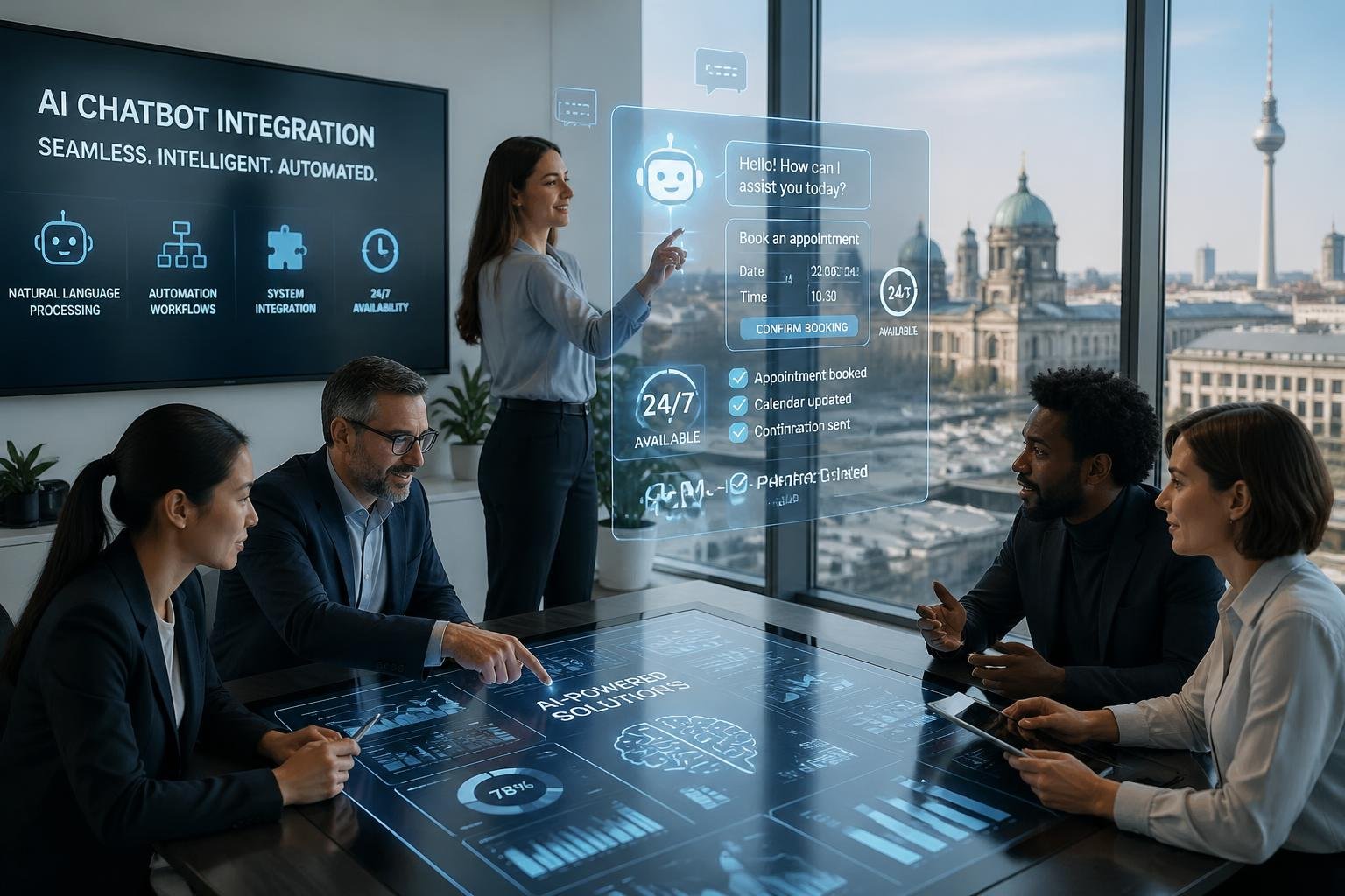 Gesch&auml;ftsleute arbeiten zusammen in einem modernen B&uuml;ro mit digitalen Anzeigen und einer virtuellen Assistentenschnittstelle.