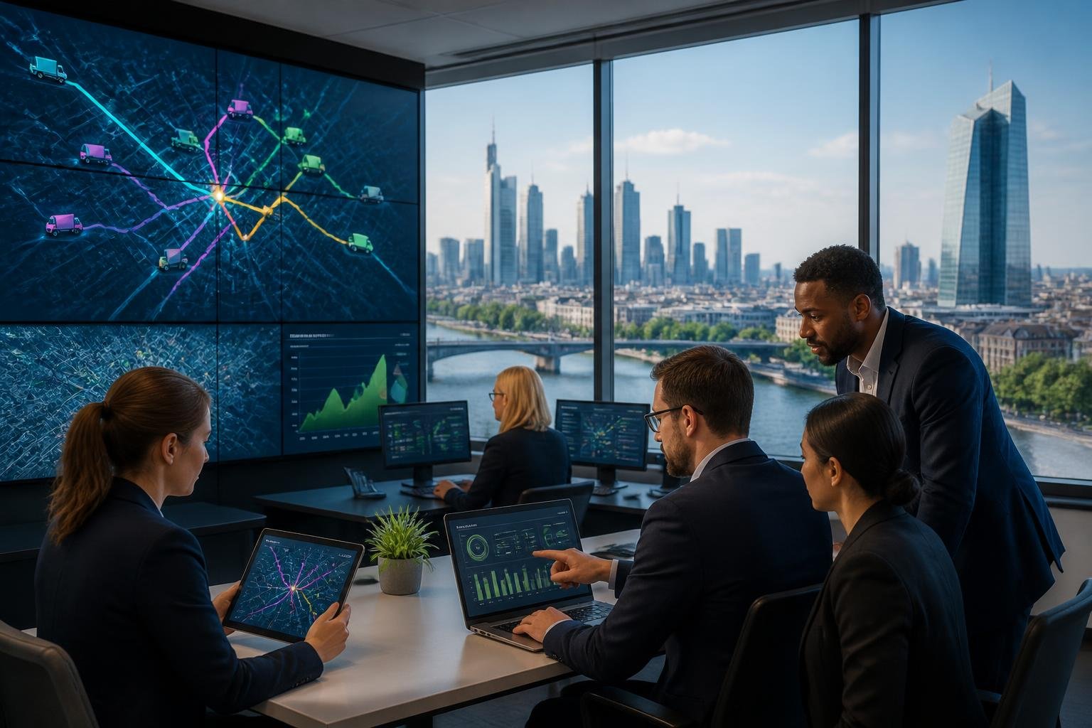 Geschäftsleute in einem Kontrollzentrum mit digitalen Karten von Frankfurt, die optimierte Lieferwege zeigen, im Hintergrund die Skyline von Frankfurt.