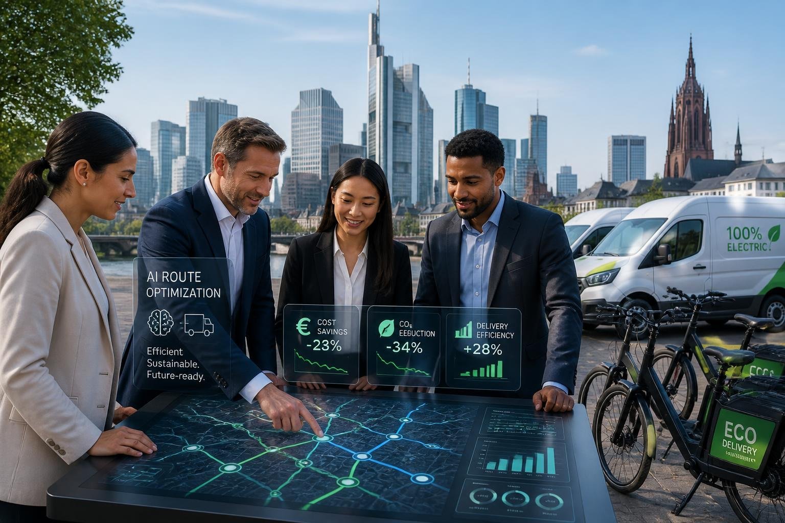 Geschäftsleute betrachten digitale Karten mit optimierten Routen vor der Frankfurter Skyline, umgeben von Elektrofahrzeugen.