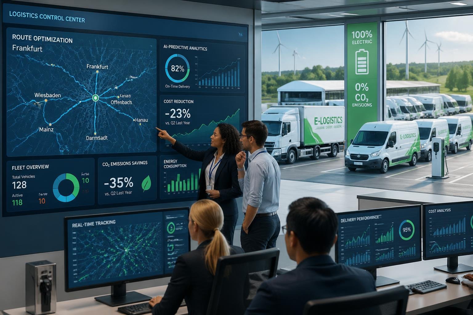 Ein moderner Logistik-Kontrollraum mit mehreren Bildschirmen, auf denen Routen um Frankfurt angezeigt werden, und Mitarbeitern, die Daten analysieren. Im Hintergrund sind elektrische Lieferfahrzeuge zu sehen.