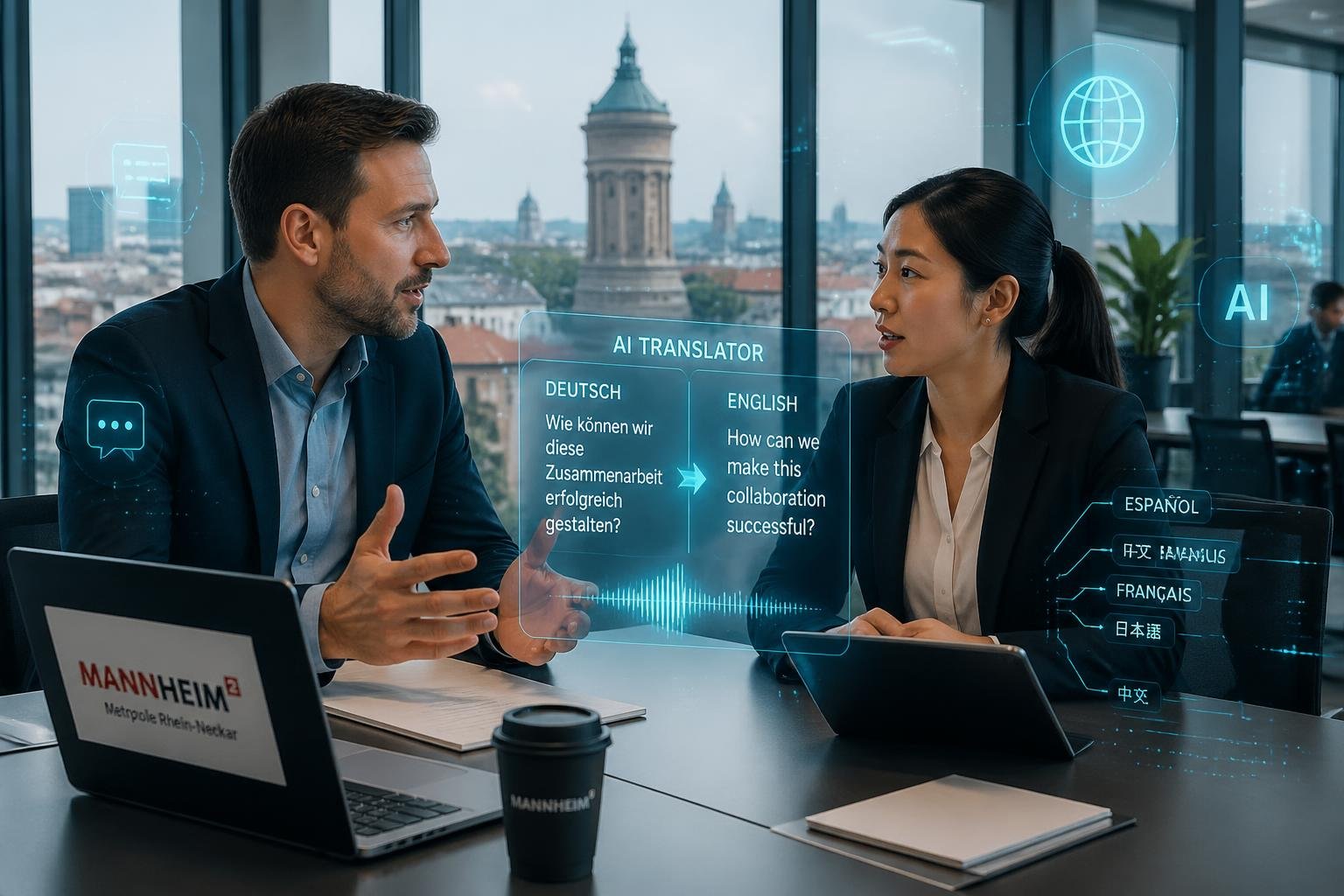 Gesch&auml;ftsleute in einem modernen B&uuml;ro in Mannheim nutzen KI-&Uuml;bersetzungstechnologie zur Kommunikation.