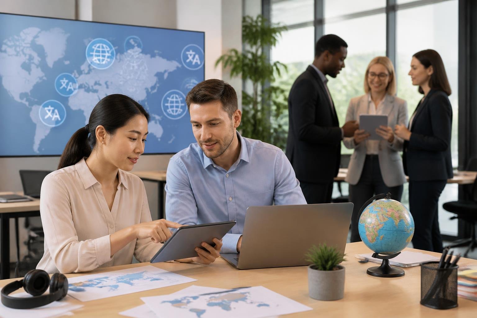 Gesch&auml;ftsleute in einem modernen B&uuml;ro arbeiten gemeinsam mit digitalen Ger&auml;ten, die Sprach&uuml;bersetzungstechnologie darstellen.