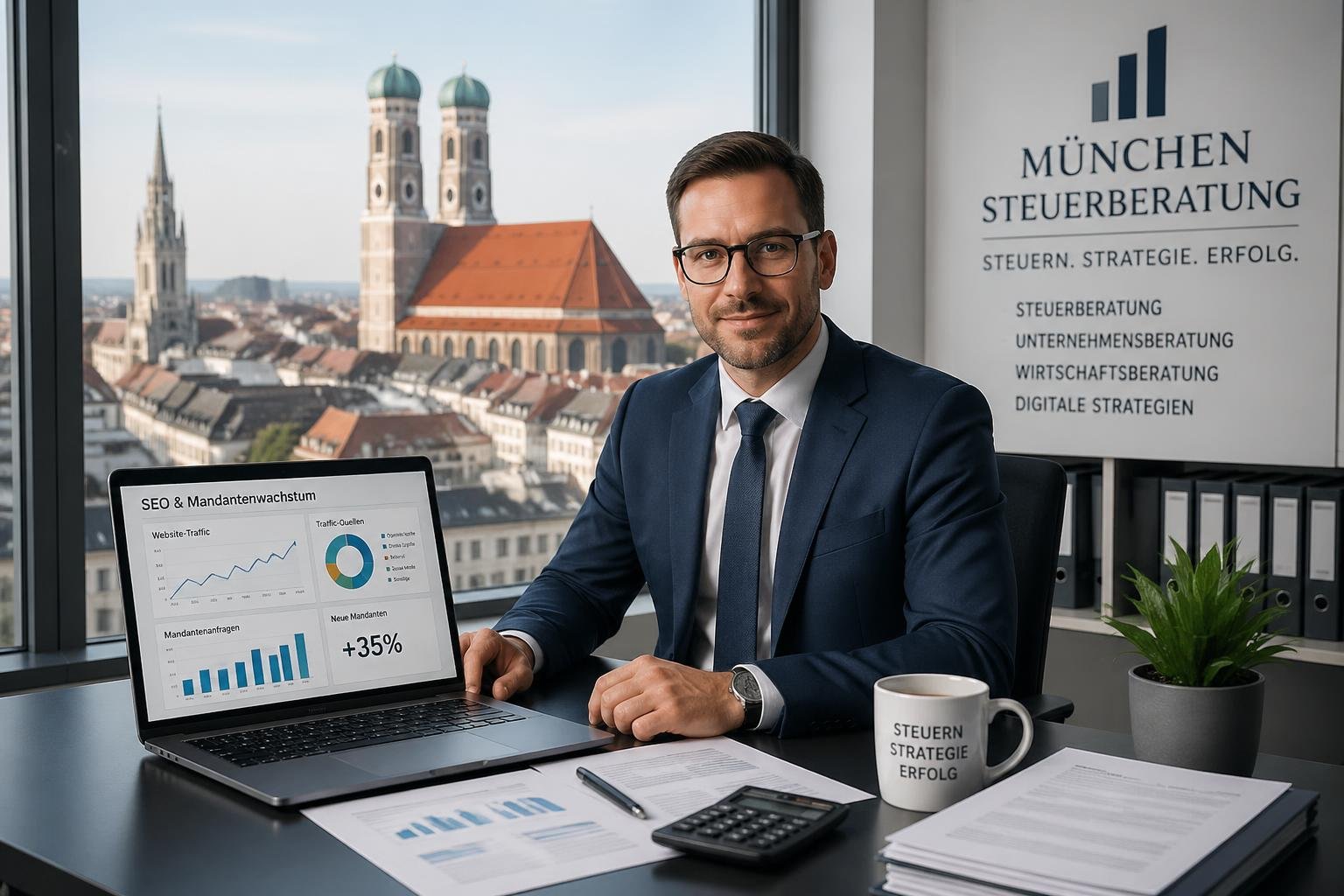 Ein Steuerberater sitzt an einem Schreibtisch in einem modernen B&uuml;ro mit Blick auf die M&uuml;nchner Stadtlandschaft, umgeben von Arbeitsunterlagen und einem Laptop.