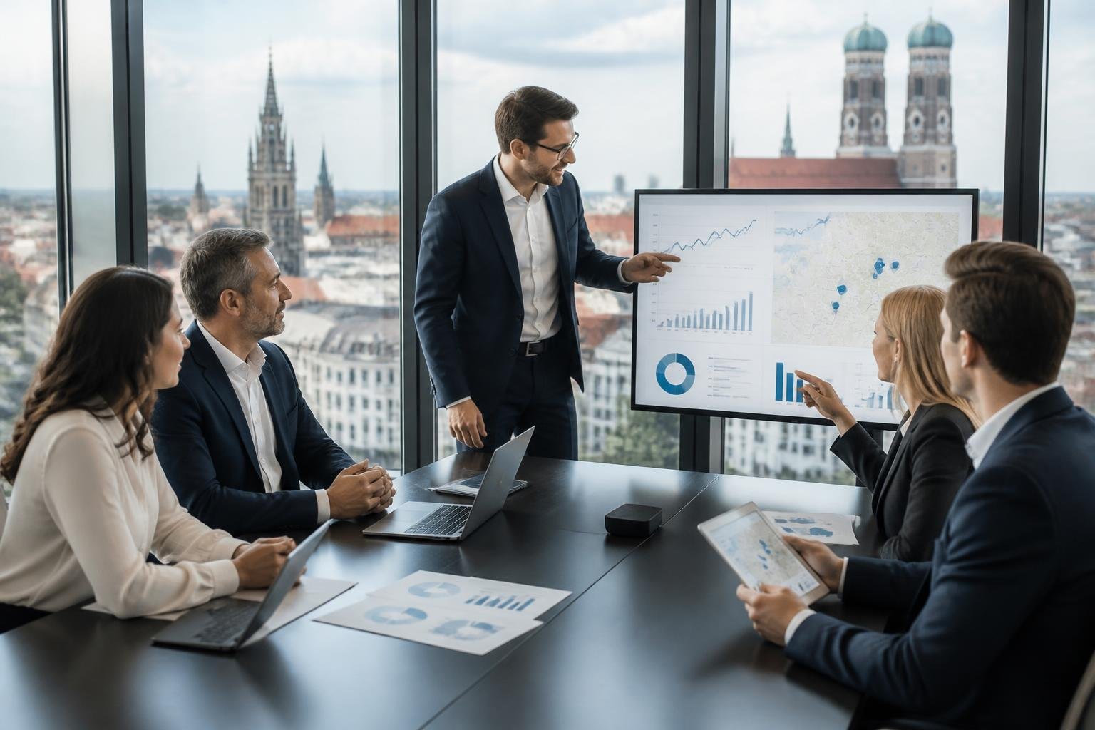 Gesch&auml;ftsleute arbeiten gemeinsam in einem modernen B&uuml;ro mit Blick auf die M&uuml;nchner Stadtlandschaft.