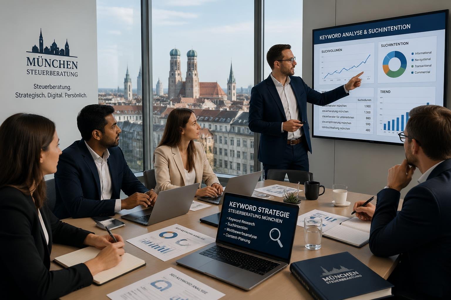Mehrere Steuerberater sitzen in einem modernen Besprechungsraum und diskutieren gemeinsam Strategien, w&auml;hrend ein Bildschirm mit Diagrammen im Hintergrund zu sehen ist.